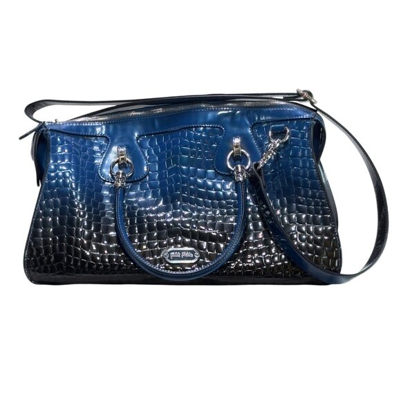Folli Follie Glossy Croc-Embossed Shoulder Bag Handles Adjustable Strap Blue/Bla - Picture 2 of 12